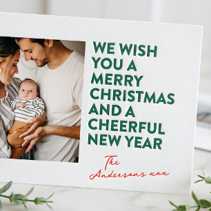 modern retro christmas green holiday letterpress photo cards