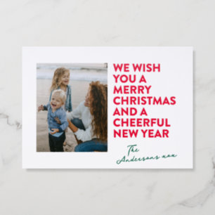 modern retro christmas red holiday letterpress photo cards
