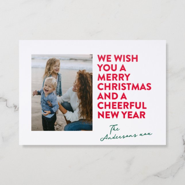 modern retro christmas red holiday letterpress photo cards (Front)