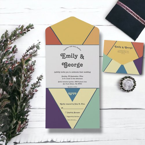 Modern Retro Colorful Groovy Abstract Art Wedding All In One Invitation
