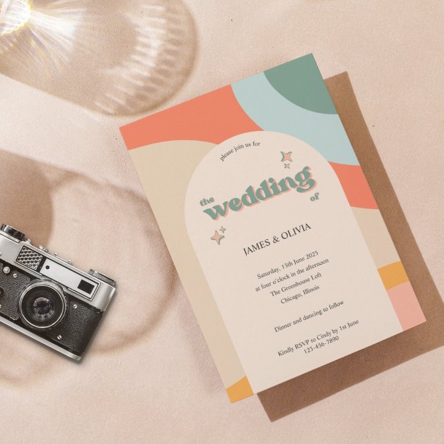 Modern Retro Colorful Groovy Arch Wedding Invitation (Creator Uploaded)