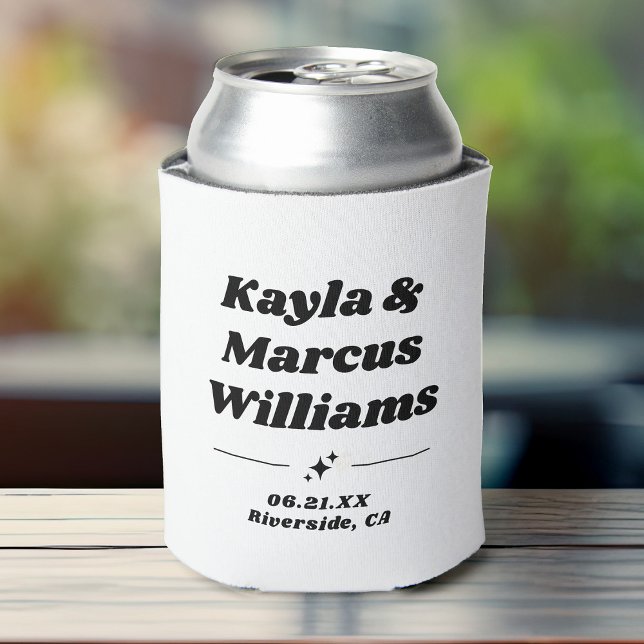 Modern Retro Cool Fun Wedding Names Party Favor Can Cooler (A white beverage can cooler featuring custom names and date location in retro sparkly typography)