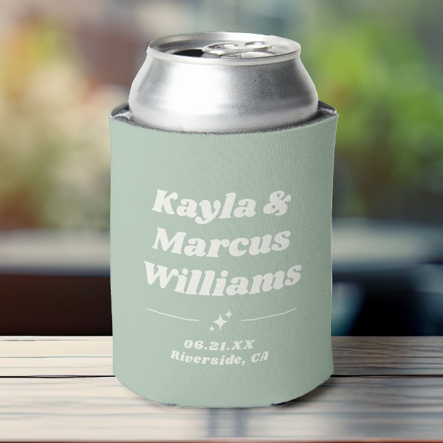 Modern Retro Cool Fun Wedding Names Party Favor Can Cooler (A dusty sage green can cooler featuring custom names and date location in retro sparkly typography)