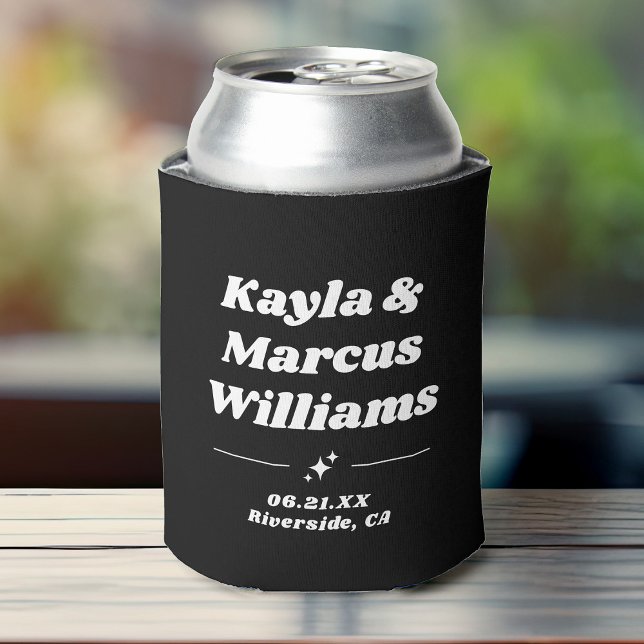 Modern Retro Cool Fun Wedding Names Party Favor Can Cooler (A black and white can cooler featuring custom names and date location in retro sparkly typography)