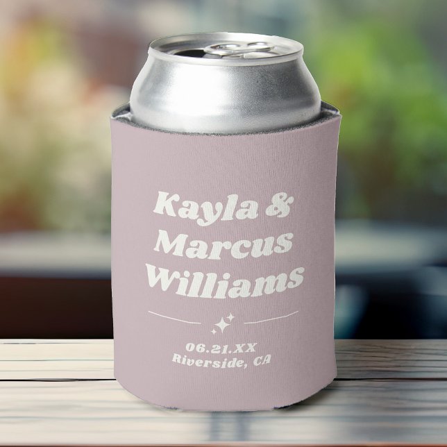 Modern Retro Cool Fun Wedding Names Party Favor Can Cooler (A blush pink can cooler featuring custom names and date location in retro sparkly typography)