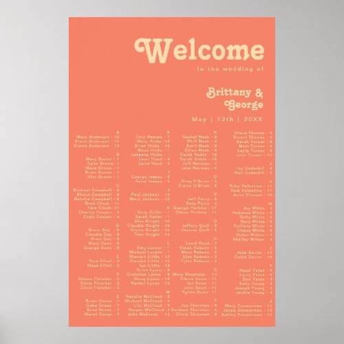 Modern Retro  Coral Alphabetical Seating Poster