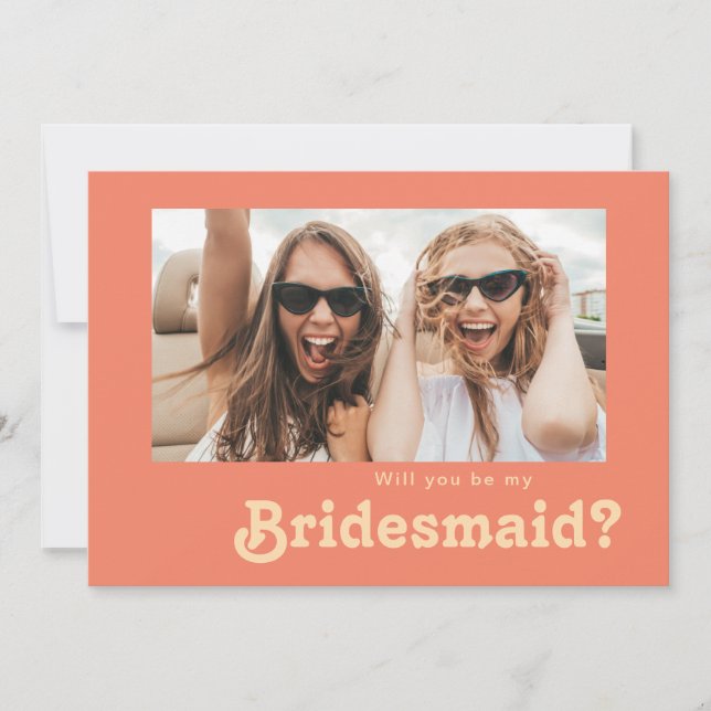 Modern Retro Coral Photo Bridesmaid Proposal Card (Front)