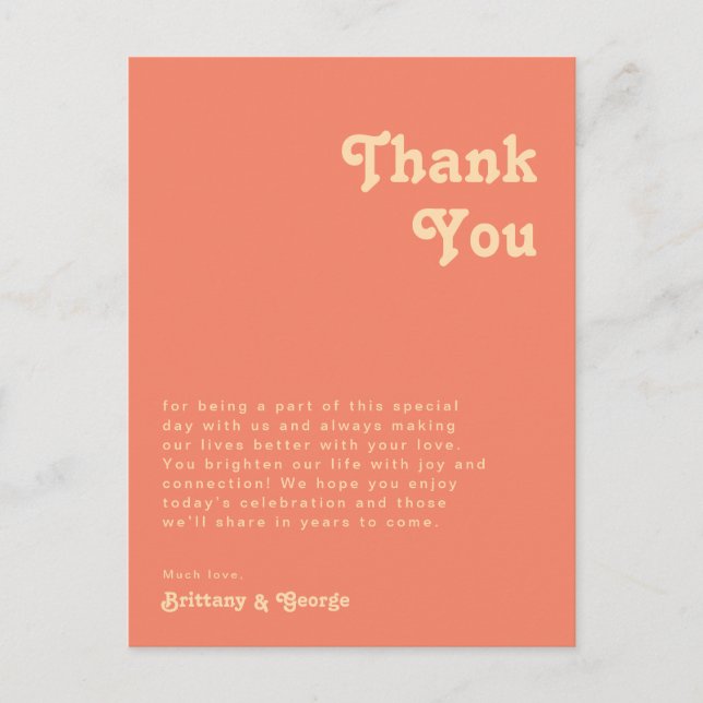 Modern Retro Coral Reception Table Thank You Card (Front)
