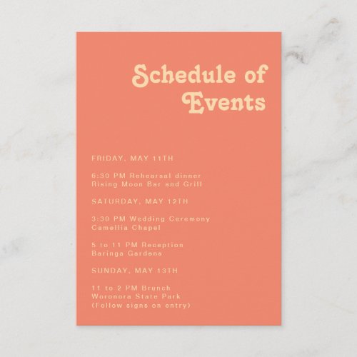 Modern Retro  Coral Schedule of Events Enclosure Card
