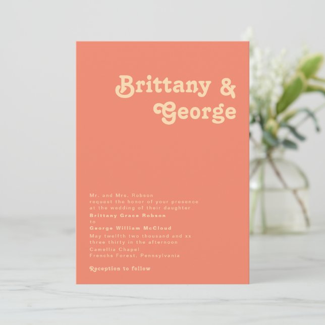 Modern Retro | Coral Traditional Wedding Invitation (Standing Front)