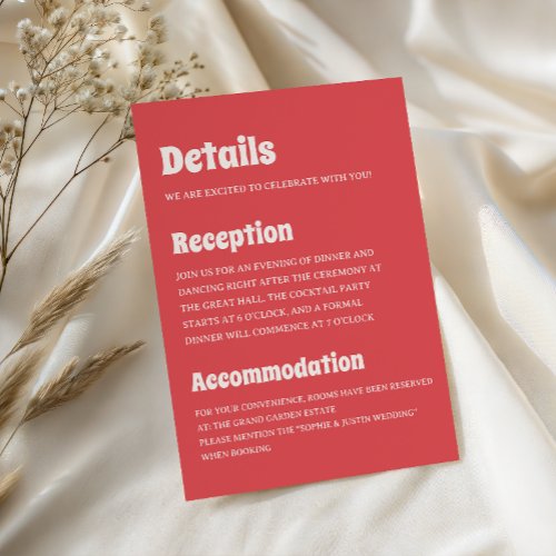 Modern Retro Coral Wedding Details Enclosure Card