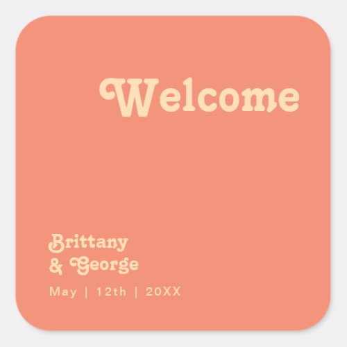 Modern Retro  Coral Wedding Welcome Square Sticker