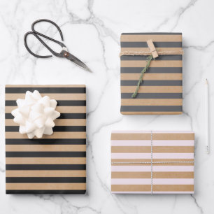 Modern Retro Cream Black Gray Stripes Kraft Wrapping Paper Sheets