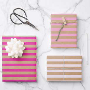 Modern Retro Cream Hot Pink Stripes Kraft Wrapping Paper Sheets
