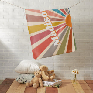 Modern Retro Custom Name Fun Vintage Rainbow Baby Blanket