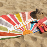 Modern Retro Custom Name Fun Vintage Rainbow Beach Towel<br><div class="desc">Introducing the Custom Name Beach Towel with a Modern Retro Fun Vintage Rainbow Sun Burst Illustration - the perfect addition to your summer! This towel is a unique and personalized piece that features a vibrant and colorful sunburst design, reminiscent of the retro aesthetic of the 60s and 70s. The rainbow-colored...</div>
