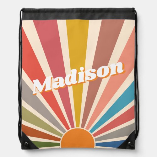 Modern Retro Custom Name Fun Vintage Rainbow Drawstring Bag