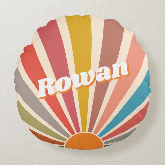Modern Retro Custom Name Fun Vintage Rainbow Round Pillow (Front)
