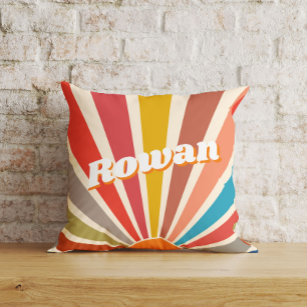 Modern Retro Custom Name Fun Vintage Rainbow Throw Pillow