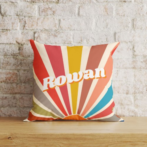 Modern Retro Custom Name Fun Vintage Rainbow Throw Pillow