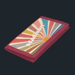 Modern Retro Custom Name Fun Vintage Rainbow Trifold Wallet<br><div class="desc">Introducing the Custom Name wallet with a Modern Retro Fun Vintage Rainbow Sun Burst Illustration. This wallet is a unique and personalized piece that features a vibrant and colorful sunburst design, reminiscent of the retro aesthetic of the 60s and 70s. The groovy rainbow-colored sunburst illustration on this wallet is eye-catching...</div>