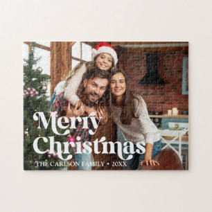 Modern Retro Custom Photo Merry Christmas Jigsaw Puzzle