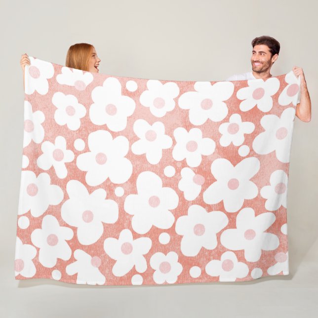 Modern Retro Daisy Pink Terracotta Pattern Fleece Blanket (In Situ)
