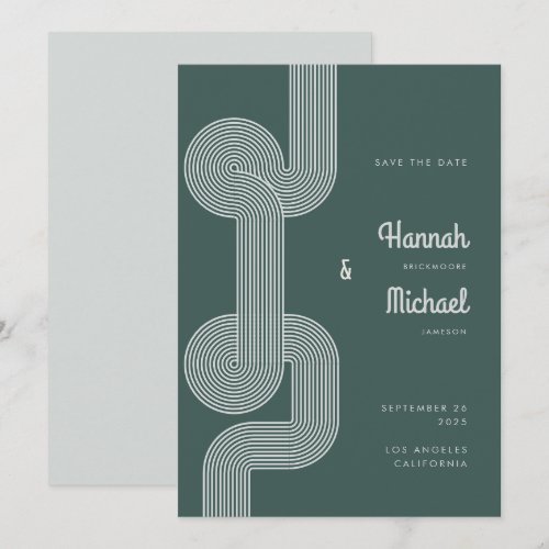Modern Retro Dark Green Geometric Line Wedding Save The Date