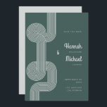Modern Retro Dark Green Geometric Line Wedding Save The Date<br><div class="desc">Make your own geometric wedding invitations with this fully customizable geometric wedding save the date template in a rich green with light green text and backer, the front featuring a geometric line drawing. All text and colors can be changed in the design tool to fit your wedding theme. The perfect...</div>