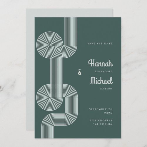 Modern Retro Dark Green Geometric Line Wedding Save The Date