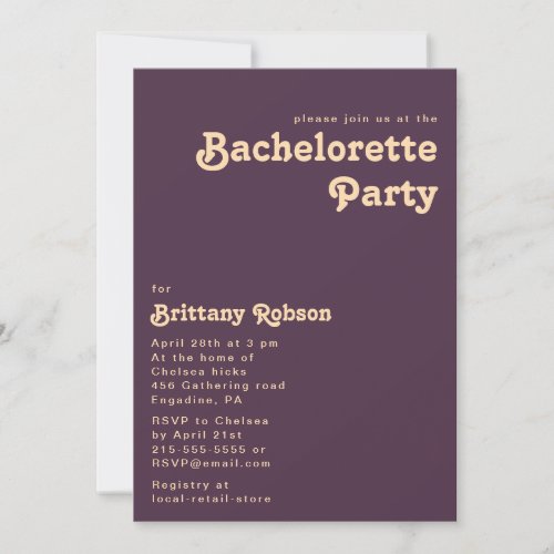 Modern Retro  Dark Purple Bachelorette Party Invitation