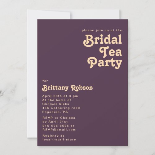 Modern Retro  Dark Purple Bridal Tea Party Invitation