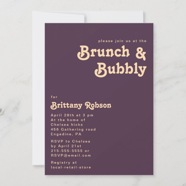 Modern Retro | Dark Purple Brunch and Bubbly Invitation (Front)