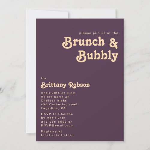 Modern Retro  Dark Purple Brunch and Bubbly Invitation