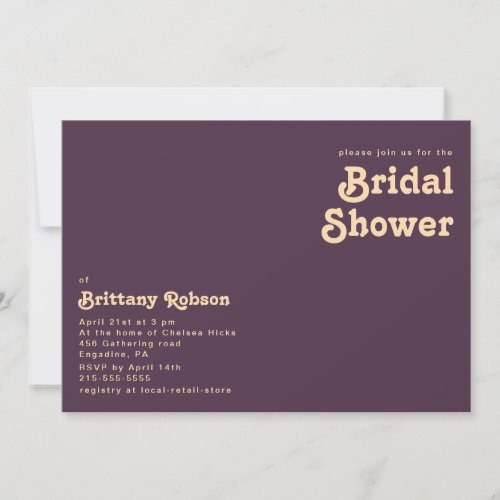Modern Retro Dark Purple Horizontal Bridal Shower Invitation