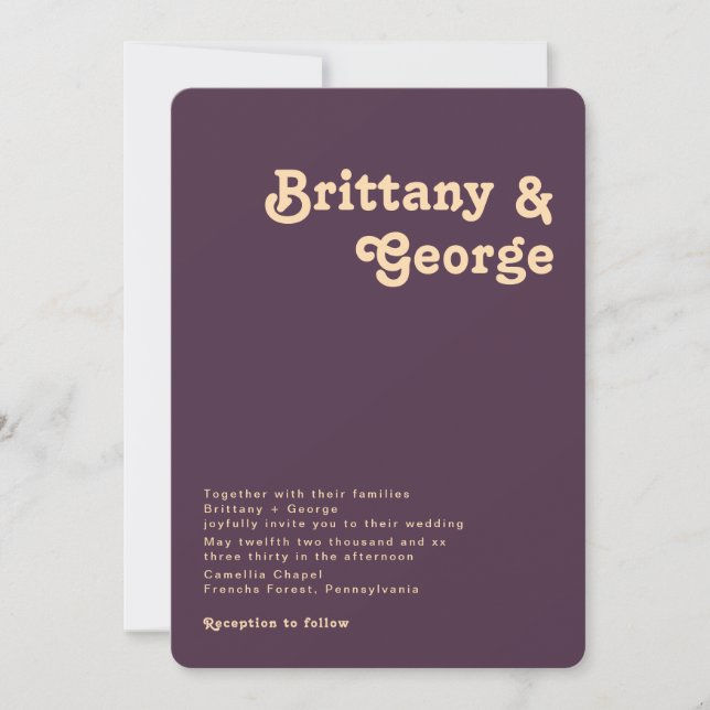 Modern Retro | Dark Purple Rounded Corner Wedding Invitation (Front)