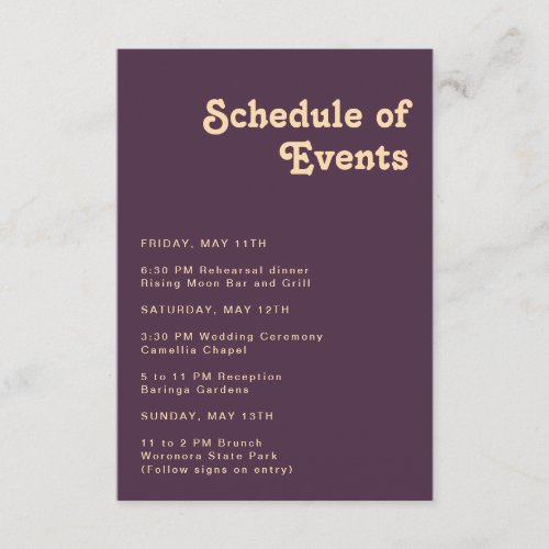 Modern Retro  Dark Purple Schedule of Events Enclosure Card