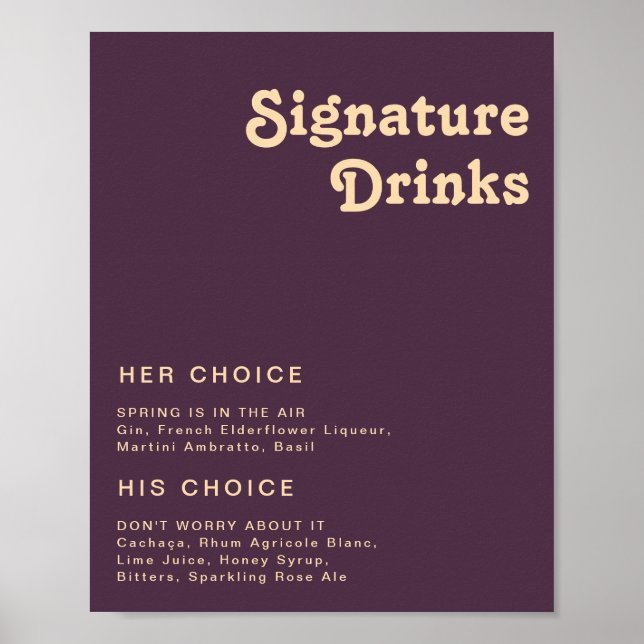 Modern Retro | Dark Purple Signature Drinks Sign (Front)