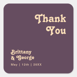 Modern Retro Dark Purple Thank You Wedding Favor Square Sticker