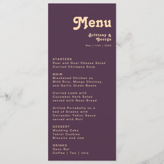 Modern Retro | Dark Purple Wedding Dinner Menu (Front)