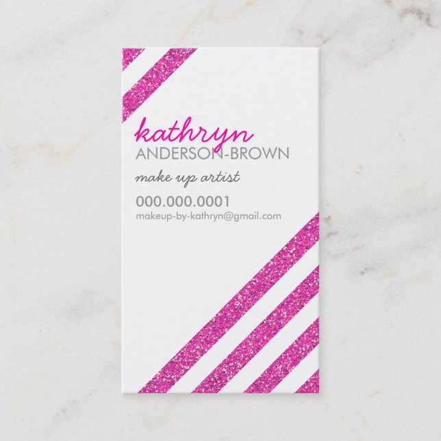 MODERN RETRO diagonal striped glitter bright pink Business Card (Front)