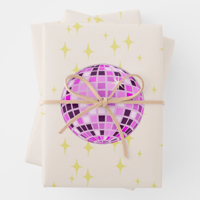 Modern Retro Disco Ball Beige Wrapping Paper Sheets (In situ)