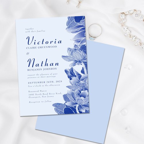 Modern Retro Dusty Blue Chinoiserie Floral Wedding Invitation