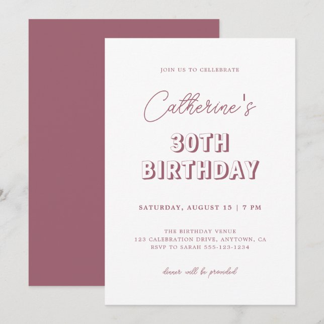 Modern Retro Dusty Rose 30th Birthday Party Dark Invitation (Front/Back)