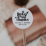 Modern Retro Editable Wedding Thank You Classic Round Sticker<br><div class="desc">Thank your guests in style with these Modern Retro “Love and Thanks” wedding thank you stickers. With a simple black and white design, these stickers can be easily edited to fit any color palette. Perfect for sealing wedding favor bags or tucking into thank-you cards, these stickers are a great way...</div>