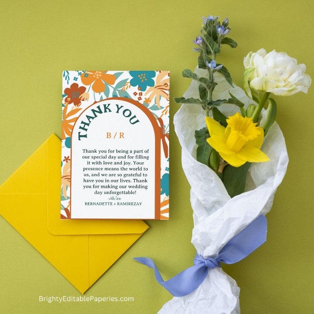 Modern Retro Elegant Bright Bold Floral Wedding Thank You Card (Express your gratitude with vibrant retro blooms! 🌼📜 #ChicThankYou)