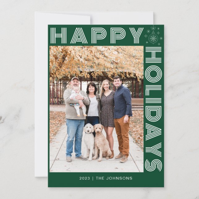 Modern Retro Elegant One Photo Custom Dark Green Holiday Card (Front)