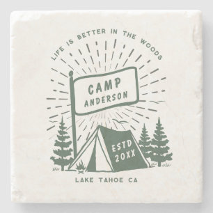 Modern Retro Family Camping Fun Outdoor Stone Coaster