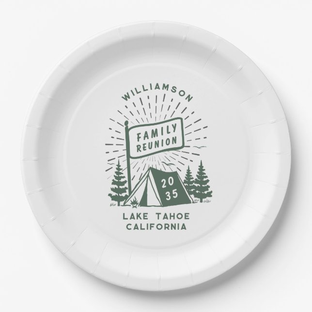 Modern Retro Family Reunion Camping Outdoor Trees Paper Plates (Front)