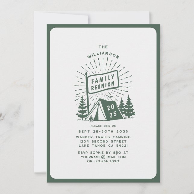 Modern Retro Family Reunion Outdoor Camping Trees  Invitation (Front)